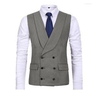 Men's Vests Suit Vest Gray Double Breasted Two Pockets Retro Waistcoat Groom Costumes For Groomsmen Wedding Dress Male 2022 Stra22