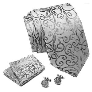Bow Ties Mens Tie Gray Floral 100% Silk Classic Jacquard Woven Hanky ​​Cufflinks Set Men Formal Wedding Party Extra Long Size Neck SMAL22