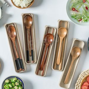 Wooden Spoon Chopsticks Set Hotel Ice Cream Dessert Scoop Outdoor Travel Cutlery Eco-friendly Kitchen Tableware Storage Box BH6818 WLY