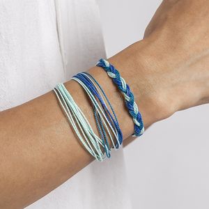 Blue Handmade Weave Rope Armband Set Men Trendy Charms Three Layered Handkedjor Fashion Justerbara trådarmband smycken