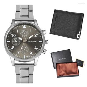 Wristwatches Fashion Watch Set For Men Leather Wallet Cards Well-Packed Business Calendar Stainless Steel Band Clock Watches Gifts SetsWrist