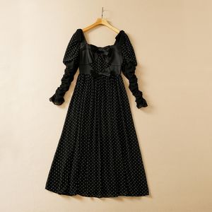 2022 Summer Autumn Long Sleeve Square Neck Black Retro Polka Dot Ribbon Bow Paneled Mid-Calf Dress Elegant Casual Dresses 22Q042327