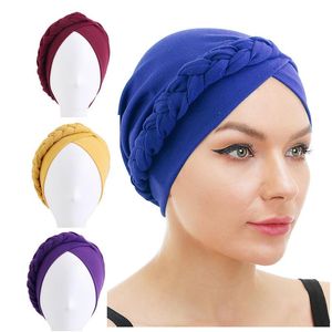 Berets Women African Headtie Turban Caps Twisted Braid Solid Color Head Wraps Bonnet Beanie Headscarf Elastic Cap For LadyBerets