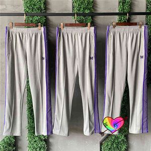 Wholesale grey track pants for sale - Group buy Grey Needles Track Pants Men Women Butterfly Embroidery Needles Pants Purple Side Stripe Sports Loose Straight Trousers T220803