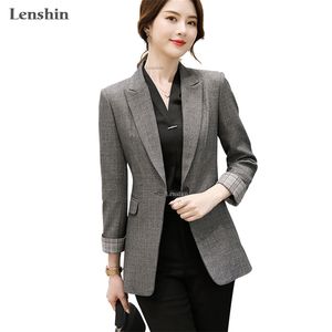 Lenshin高品質のイングランドスタイルの格子縞のロングコート女性用のポケット付きシングルボタンジャケットファッションアウトウェアブレザーLJ201106