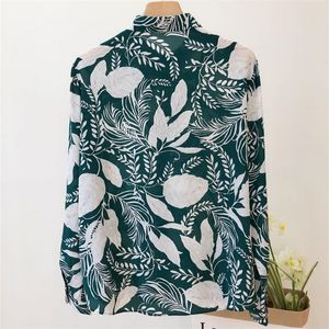 Verão nova blusa feminina estampada verde francês retro estilo férias seda camisa solar shadies camisa tops de manga longa T200608