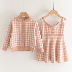 2 stücke Kinder Kleidung Sets Röcke Gestrickte Plaid Inneren Hosenträger Rock Pullover Jacke Mädchen Kinder Kleidung Anzug 50de T2