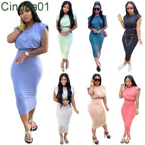 Women Two Piece Dress Outfits Summer Designer Sleeveless Shoulder Pad T-shirt One Step Skirt Solid Colour Versatile Casual Suit