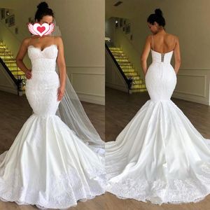 Sleeveless Sweetheart High Quality Europe Mermaid Dresses 2022 New Lace Appliques Beaded Satin Wedding Dress 328 328