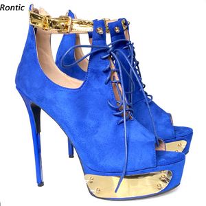 Rontic Handgjorda Kvinnor Plattform Sandaler Faux Suede Sexig Stiletto Heels Peep Toe Pretty Blue Purple Pink Party Shoes US Storlek 5-20