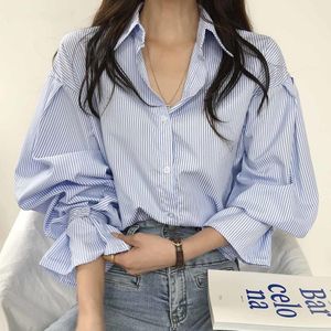 Women's Blouses & Shirts Striped Women Spring Summer Lapel Button Retro Preppy Style Loose Tops Classic Ladies Basic Strap Cuff Long Sleeve