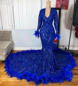 Sheer Long Sleeve Mermaid Abendkleider aso ebi African Black Girls Royal Blue Pailletten Long Prom Dress 2022 With Feather BES121