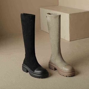 Boots Autumn Women Knee-high Natural Leather 22-25cm Elastic Flock Upper Knight 220815