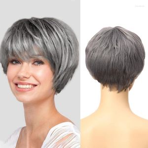 Syntetiska peruker Granny Gray Kort hår rakt svart silver bob peruk med lugg kvinnor värmebeständig fiber co tobi22