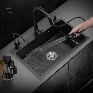 Black Nano Wash Basin Single Sink creative Stainless Steel Kitchen Sinks Drain Set Home Handmade Wash Basin Kitchen Accessories