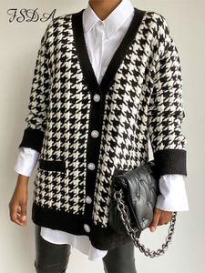 FSDA V Neck Women Button Black Houndstooth Cardigan Sweater Longo Sweater Autonn Winter Knit