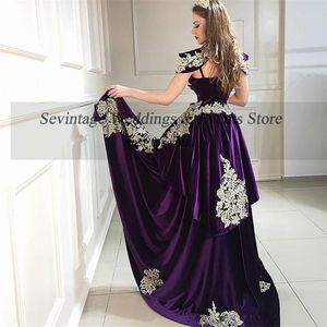 Sevintage High Neck Mermaid 3 Pieces Evening Dress with Overskirt Velour Gold Lace Formal Dress vestido de noiva Algerian Outfit LJ201224