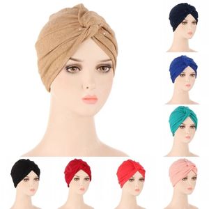 Femmine Tinta unita Pieghe incrociate Hijab Berretti Cappelli Eid Morbide donne islamiche musulmane Elastic Wrap Turban Cap Copricapo