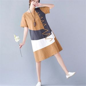 Supermiss Women Linen Summer Dress Plus Size Elegant Long Top New Casual Cotton Ladies Patchwork Short Sleeve Dresses T200603