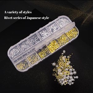 Nail Art Rivet Kits Metal Moon Pentagon Shape Pearl Ball för naglar Dekorationer DIY Manicure Box