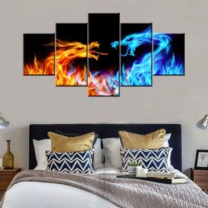 Dragon Abstract Animal Blue and Red Fire 5 Piece Canvas Bild tryck Väggkonst Canvas Målningsväggdekor för vardagsrum