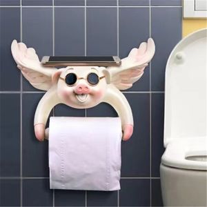 Tray Toilet Paper Holder Hygiene Resin Free Punch Hand Tissue Box Household Paper Towel Holder Reel Spool Device Pig Style 220624