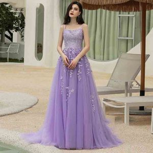 Luxury Lilac Lace Evening Dress 2022 Sexy Spaghetti Straps Corset Long Prom Dresses With Beaded Floor Length Tulle Formal Graduation Party Women Vestidos De Noche