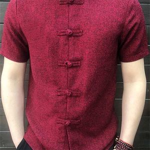 Incerun Çin tarzı Erkek Gömlek Düğmesi Stand Yakası Kısa Kollu Gevşek Üstler Düz Renkli Vintage Tang Takım Takım Gömlekler 220621