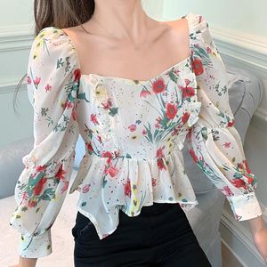 Kvinnors blusar skjortor kvinnor liva tjej blomma fyrkantiga hals rufsade smala sexiga chiffon topp vit en storlek camisa rygglös höst blusaswomen '