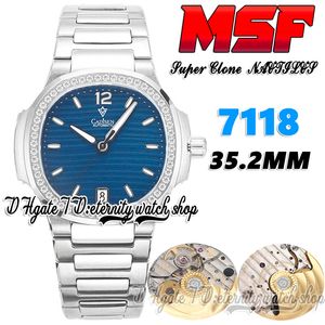 MSF 7118-1200A-001 CAL.324SC MS324 Automatisk damklocka 35.2mm Blue Texture Dial Diamonds Bezel Stainless Steel Armband Super Version Eternity Womens Watches
