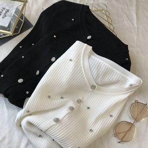 Women's Knits & Tees Black And White Knitted Cardigan Spring 2022 Slim Bottomed Sweater Heavy Industry Diamond Inlaid Top