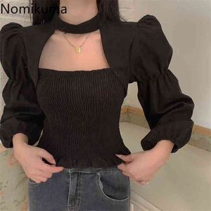 Nomikuma koreansk stretch Slim Short Women Blus Sexig grimma Puff Long Sleeve BlusaS Femme Autumn Winter Shirt 6D473 210401