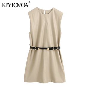KPYTOMOA Women Fashion with Belt Faux Leather Mini Dress Vintage Shoulder Pads Sleeveless Female Dresses Vestidos Mujer 210302