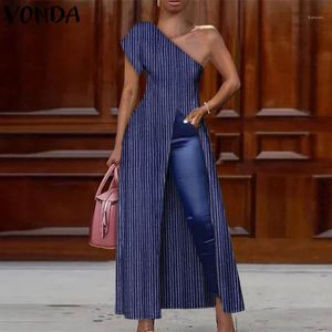 Women's Blouses & Shirts VONDA 2022 Women Off The Shoulder Blouse Vintage Striped Party Summer Sexy Split Tops Casual Blusa Ladies Tunic S-5