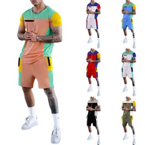 Verão colorblock masculino designers casuais designers homens trajes de rastrear shorts de camisetas de corrida de rua de duas peças de duas peças, traje esportivo contrastante de cores contrastantes design