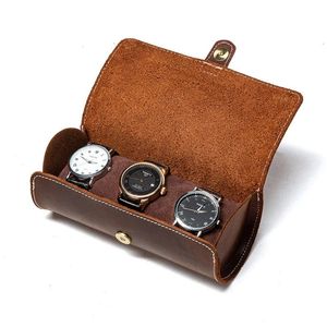Mira las cajas de las cajas Round 3 Soft Wrinkle Genuine Leather Jewellry Jewelry Brazet Case de almacenamiento Organizador Roll Watch Roll Watch