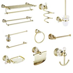 Bad-Zubehör-Set, poliertes Gold, Badezimmer-Accessoires, weiße Kristall-Dekoration, Hardware aus massivem Messing, Doppel-Handtuchringhalter, Bad