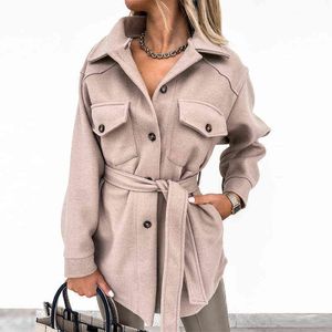 Fashion Single Breasted Woolen Women Outerwear Casual Long Sleeve Solid Overcoat Autumn Winter New Turn-down Collar Lace-up Coat T220714