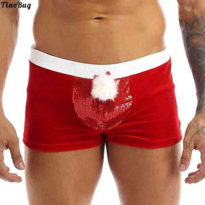 TiaoBug Men Sissy Gay Red Lingerie Velvet Christmas Holiday Party Boxer Pantaloncini intimo Mutande G220419