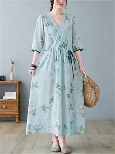 Vestidos casuais mulheres vestido verão 2022 algodão impressão vintage de meia manga longa azul floral vestidos femme túmulo elegante e elegante