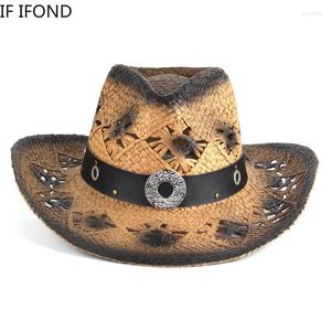 Basker 100% pappersstrå solhattar för män vintage punk bälte dekorera sommar västerländsk cowboy hatt gentleman sombrero hombre jazz capsberets pros pros