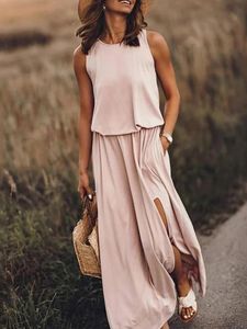 Casual Dresses Summer Dress Women Sleeveless Long Maxi Sexy Side Slit Designer Style Fashion Sundress Female Solid Loose Dresscasual