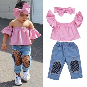 3pcs Малышская девочка одежда розовая от плеча разорванных джинсовых брюк