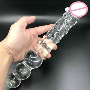 Nxy Anal Toys Big Glass Double Dildo Huge Transparent Butt Plug Beads Realistic Penis g Spot Massage Sex for Woman Man 220506