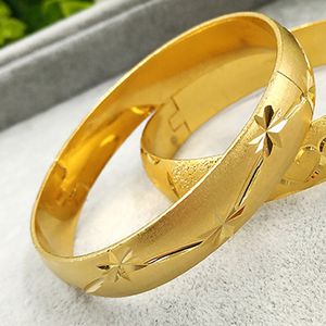 Star Carved Women Bangle Solid Bracelet 18k Yellow Gold Filled Wedding Bride Trendy Dubai Jewelry Girlfriend Gift 60mm,12mm