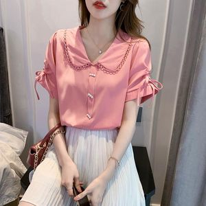 Frauenblusen Hemden Sommer Süßes Revers White Chiffon Bluse Hemd Schnürschuhe Kurzarm Pullover Tops Koreanische Modeperlen Perlen Perlen