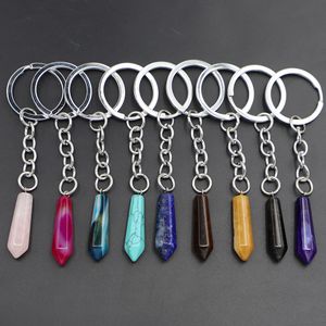 Natural Stone Hexagonal Column Keychain Water Drop Agate Shape Columnar Pendants Key Rings on Bag Car Jewelry Party Friends Gift