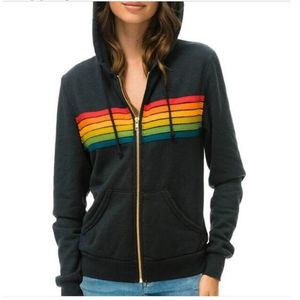 Moletom com capuz feminino outono moda zip-up jaqueta arco-íris listra emenda