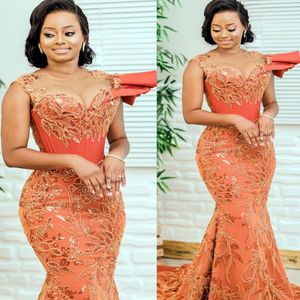 2022 Plus Size Arabic Aso Ebi Luxurious Mermaid Orange Prom Dresses Sheer Neck Evening Formal Party Second Reception Birthday Engagement Gowns Dress ZJ360