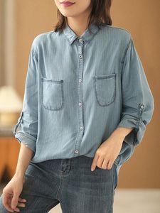 Bloups feminina camisas johnature mulheres soltas listras verticais gola de jeans de jeans de jeans de canela longa blusa de bolso de manga comprida 2022 mola shir simples shir